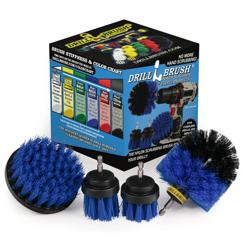 The Drillbrush 42OS-2L Medium Blue Marine & Pool Brush Kit in front of the box it comes in.