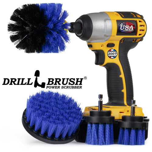 Drillbrush 42OS-2L Medium Blue Marine & Pool Brush Kit with an Original brush in a cordless drill.