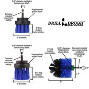 Specs for the Drillbrush 2 inch Short, 2 inch Long, and Mini Medium Blue Marine & Pool Brushes.