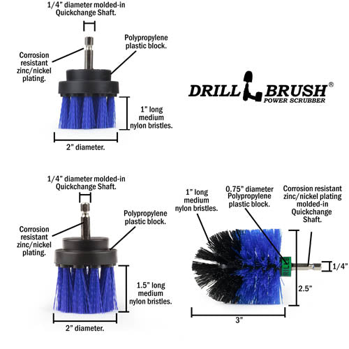 Specs for the Drillbrush 2 inch Short, 2 inch Long, and Mini Medium Blue Marine & Pool Brushes.