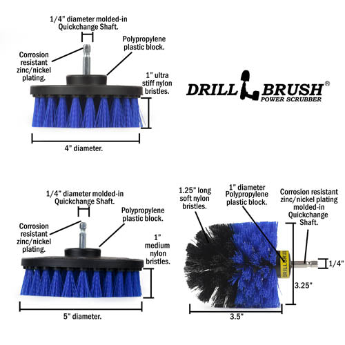 Specs for the Drillbrush 4 inch, 5 inch, and Original Medium Blue Marine & Pool Brushes.