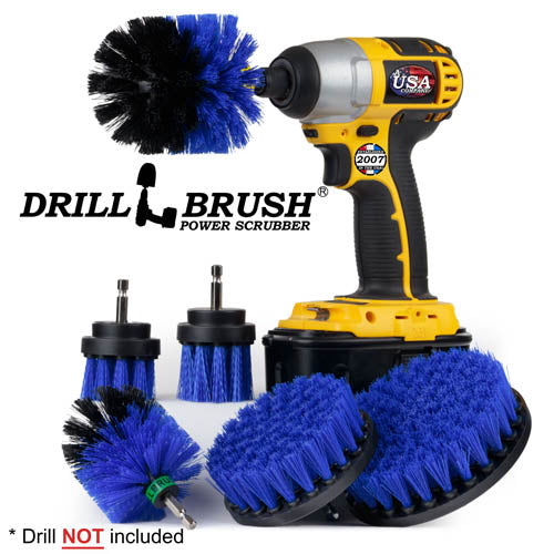 Drillbrush 542OMS-2L Medium Blue Marine & Pool Brush Kit with an Original brush in a cordless drill.