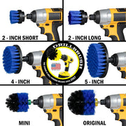 Images of the Drillbrush 2 inch Short, 2 inch Long, 4 inch, 5 inch, Mini, and Original Medium Blue Marine & Pool Brushes in cordless drills.