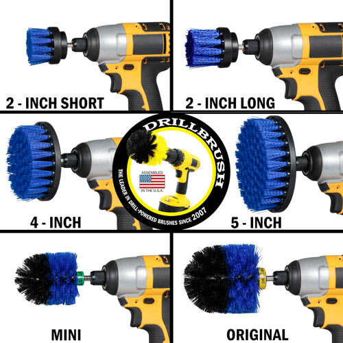 Images of the Drillbrush 2 inch Short, 2 inch Long, 4 inch, 5 inch, Mini, and Original Medium Blue Marine & Pool Brushes in cordless drills.