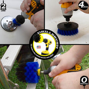 Action shots of a Medium Blue Original brush cleaning a boat ladder, a Medium Blue 2 inch Long Drillbrush cleaning a gas cap, and a Medium Blue 4 inch Drillbrush cleaning the hull.