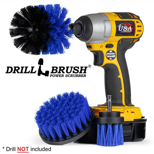 Drillbrush 4OS-2L Medium Blue Marine & Pool Brush Kit with an Original brush in a cordless drill.