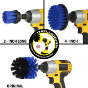 Images of the Drillbrush 2 inch Long, 4 inch, and Original Medium Blue Marine & Pool Brushes in cordless drills.