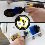 Action shots of a Medium Blue 2 inch Drillbrush cleaning the stern of a ship and a Medium Blue Mini brush cleaning a handle.