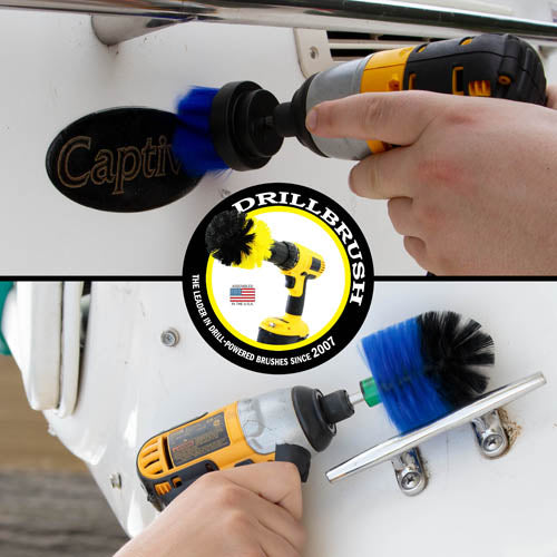 Action shots of a Medium Blue 2 inch Drillbrush cleaning the stern of a ship and a Medium Blue Mini brush cleaning a handle.