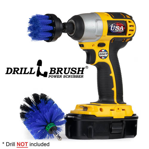 Drillbrush 2M Medium Blue Marine & Pool Brush Kit with a 2 inch brush in a cordless drill.
