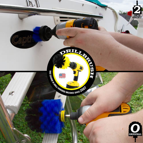 Action shots of a Medium Blue 2 inch Drillbrush cleaning the stern of a ship and a Medium Blue Original brush cleaning a boat ladder.