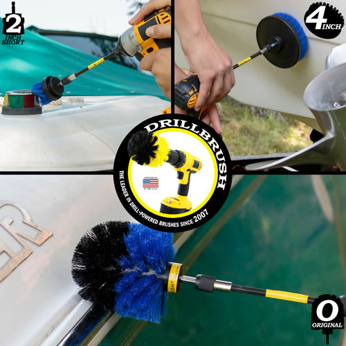 Action shots of a Medium Blue Original brush in a 5 inch extension cleaning boat trim, a Medium Blue 2 inch Short Drillbrush in a 5 inch extension cleaning the sidelights, and a Medium Blue 4 inch Drillbrush in a 5 inch extension cleaning the hull..