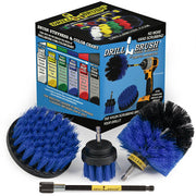 The Drillbrush 42O-5X Medium Blue Marine & Pool Brush Kit in front of the box it comes in.