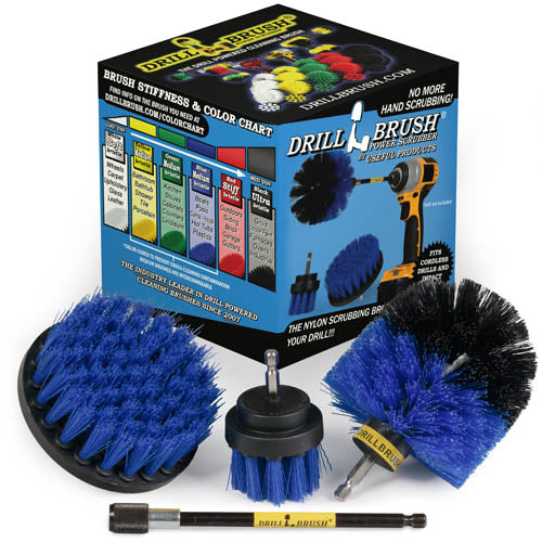 The Drillbrush 42O-5X Medium Blue Marine & Pool Brush Kit in front of the box it comes in.