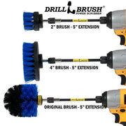 Images of the Drillbrush 2 inch Short, 4 inch, and Original Medium Blue Marine & Pool Brushes in 5 inch extensions in cordless drills.