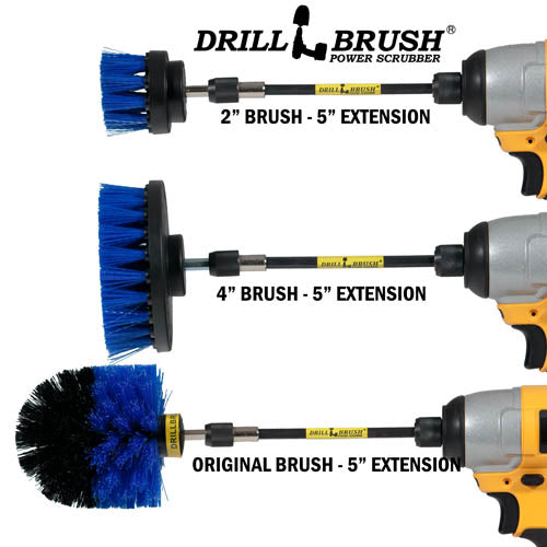 Images of the Drillbrush 2 inch Short, 4 inch, and Original Medium Blue Marine & Pool Brushes in 5 inch extensions in cordless drills.