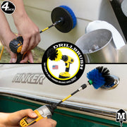 Action shots of a Medium Blue Mini Drillbrush cleaning a gas cap and a Medium Blue 4 inch Drillbrush in a 5 inch extension cleaning the hull of a boat.