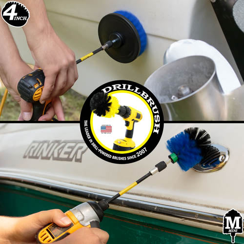Action shots of a Medium Blue Mini Drillbrush cleaning a gas cap and a Medium Blue 4 inch Drillbrush in a 5 inch extension cleaning the hull of a boat.