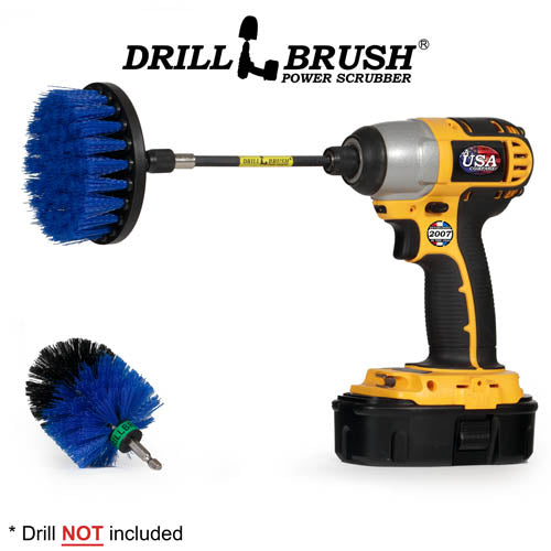 Drillbrush 4M-5X Medium Blue Marine & Pool Brush Kit with a 4 inch brush in a 5 inch extension in a cordless drill.