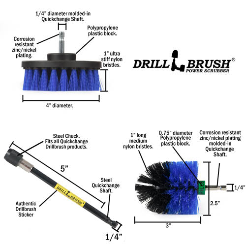 Specs for the Drillbrush 4M-5X Medium Blue Marine & Pool Brush Kit.