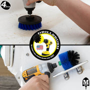 Action shots of a Medium Blue Mini Drillbrush cleaning a handle and a Medium Blue 4 inch Drillbrush cleaning the stern of a boat.