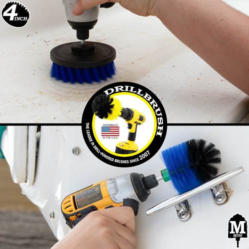 Action shots of a Medium Blue Mini Drillbrush cleaning a handle and a Medium Blue 4 inch Drillbrush cleaning the stern of a boat.