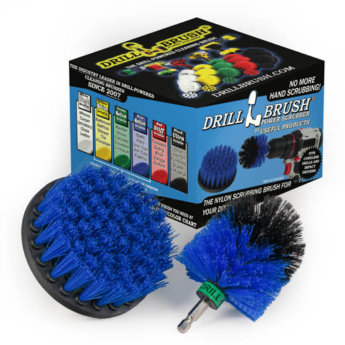The Drillbrush 4M Medium Blue Marine & Pool Brush Kit in front of the box it comes in.