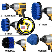 Medium Blue Original, 4 inch Flat, 5 inch Flat, Cone-shaped Corner, and 2 inch Short Detail Drillbrush brushes each installed on a cordless drill.