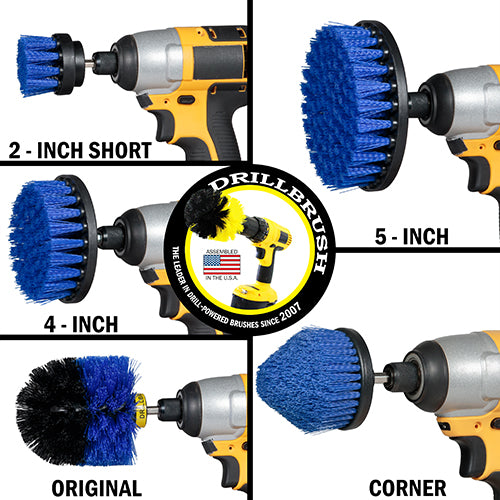 Medium Blue Original, 4 inch Flat, 5 inch Flat, Cone-shaped Corner, and 2 inch Short Detail Drillbrush brushes each installed on a cordless drill.
