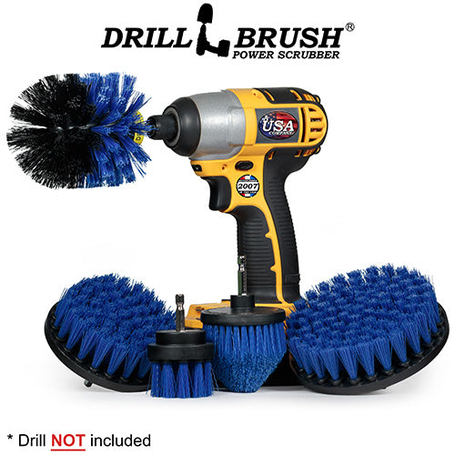 Medium Blue Original, 4 inch Flat, 5 inch Flat, Cone-shaped Corner, and 2 inch Short Detail Drillbrush brushes pictured with a cordless drill.