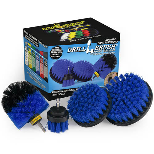 The Drillbrush 542O Medium Blue Marine & Pool Brush Kit in front of the box it comes in.