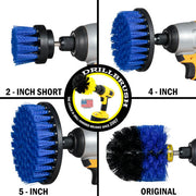 Images of the Drillbrush 2 inch Short, 4 inch, 5 inch, and Original Medium Blue Marine & Pool Brushes in cordless drills.