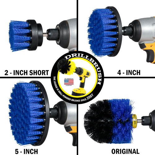 Images of the Drillbrush 2 inch Short, 4 inch, 5 inch, and Original Medium Blue Marine & Pool Brushes in cordless drills.