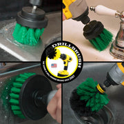 Action shots of a Medium Green Original brush cleaning around a sink, a Medium Green 2 inch Short Drillbrush cleaning the drain in a sink, a Medium Green 2 inch Long Drillbrush cleaning around a faucet fixture, and a Medium Green 4 inch Drillbrush cleaning the side of a sink.