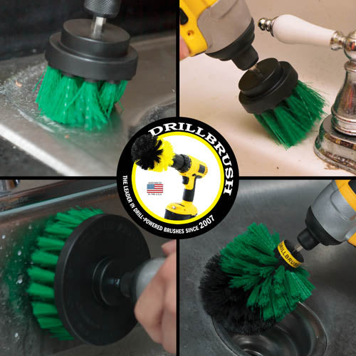 Action shots of a Medium Green Original brush cleaning around a sink, a Medium Green 2 inch Short Drillbrush cleaning the drain in a sink, a Medium Green 2 inch Long Drillbrush cleaning around a faucet fixture, and a Medium Green 4 inch Drillbrush cleaning the side of a sink.