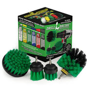 The Drillbrush 42OS-2L Medium Green Kitchen Brush Kit in front of the box it comes in.