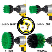 Images of the Drillbrush 2 inch Short, 2 inch Long, 4 inch, and Original Medium Green Kitchen Brushes in cordless drills.