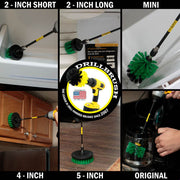 Action shots of a Medium Green Original brush in a 7 inch extension cleaning a coffee pot, a Medium Green 2 inch Short brush in a 7 inch extension cleaning a refrigerator shelf, a Medium Green 2 inch Long brush in a 7 inch extension cleaning a refrigerator, a Medium Green Mini brush in a 7 inch extension cleaning a microwave, a Medium Green 4 inch brush in a 7 inch extension cleaning kitchen cabinets, and a Medium Green 5 inch brush in a 7 inch extension cleaning a floor.