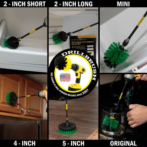 Action shots of a Medium Green Original brush in a 7 inch extension cleaning a coffee pot, a Medium Green 2 inch Short brush in a 7 inch extension cleaning a refrigerator shelf, a Medium Green 2 inch Long brush in a 7 inch extension cleaning a refrigerator, a Medium Green Mini brush in a 7 inch extension cleaning a microwave, a Medium Green 4 inch brush in a 7 inch extension cleaning kitchen cabinets, and a Medium Green 5 inch brush in a 7 inch extension cleaning a floor.