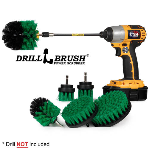 Drillbrush 542OMS-2L-7X Medium Green Kitchen Brush Kit with an Original brushin a 7 inch extension in a cordless drill.