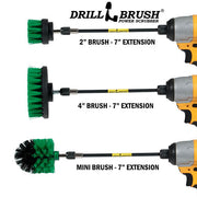 Images of the Drillbrush 2 inch Short, 4 inch, and Mini Medium Green Kitchen Brushes in 7 inch extensions in cordless drills.