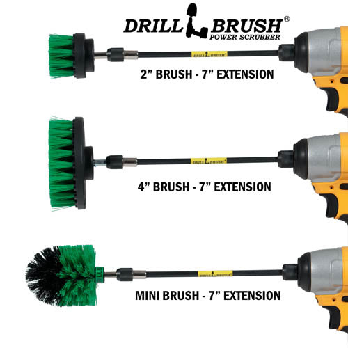 Images of the Drillbrush 2 inch Short, 4 inch, and Mini Medium Green Kitchen Brushes in 7 inch extensions in cordless drills.