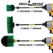 Images of the Drillbrush 2 inch Long, 5 inch, and Original Medium Green Kitchen Brushes in 7 inch extensions in cordless drills.