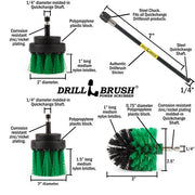 Specs for the Drillbrush 2 inch Short, 2 inch Long, and Mini Medium Green Kitchen Brushes, as well as a 7 inch extension.