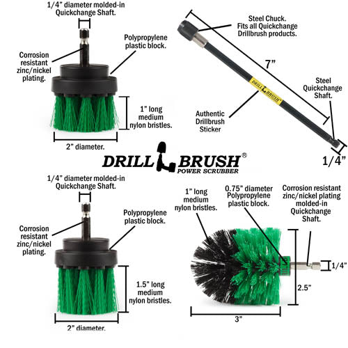 Specs for the Drillbrush 2 inch Short, 2 inch Long, and Mini Medium Green Kitchen Brushes, as well as a 7 inch extension.