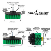 Specs for the Drillbrush 4 inch, 5 inch, and Original Medium Green Kitchen Brushes.