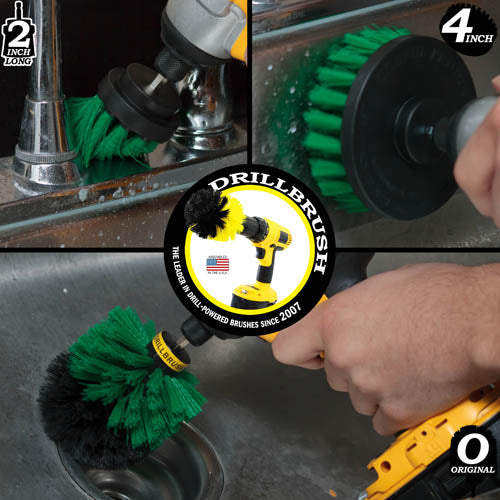 Action shots of a Medium Green Original brush cleaning the drain in a sink, a Medium Green 2 inch Long Drillbrush cleaning a faucet fixture, and a Medium Green 4 inch Drillbrush cleaning a stovetop.