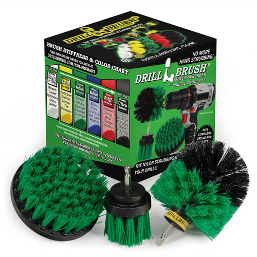 The Drillbrush 4OS-2L Medium Green Kitchen Brush Kit in front of the box it comes in.