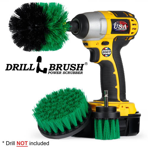 Drillbrush 4OS-2L Medium Green Kitchen Brush Kit with an Original brush in a cordless drill.