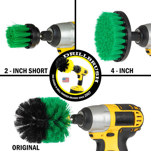 Images of the Drillbrush 2 inch Long, 4 inch, and Original Medium Green Kitchen Brushes in cordless drills.
